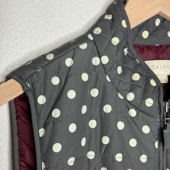 Talbots Womens Puffer Vest Large Grey Cream Polka Dots Full Zip Cabincore - Picture 5 of 8